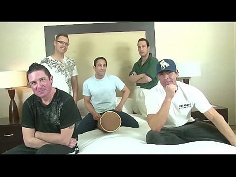 Slutty amateur brunette takes on five big dicks at once